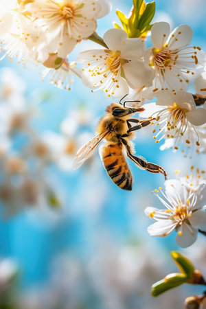 Macro shot of bee among springtime flowers close up, apiary and pollination conceptの素材