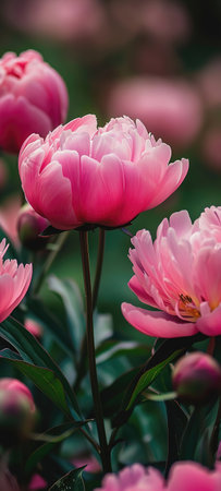 Peonies on soft, dreamy background copy space. Spring or summer bannerの素材