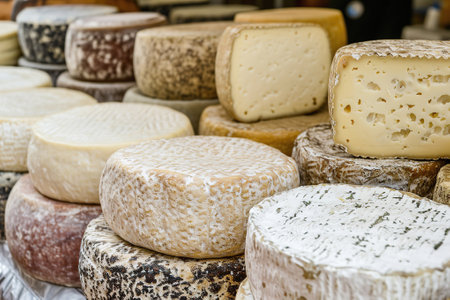 Variety of gourmet cheeses on display at local market, showcasing textures and colorsの素材
