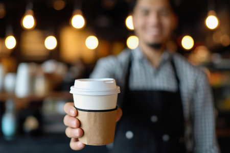 Barista Offering Takeaway Coffee cup in Cozy Cafe Ambianceの素材