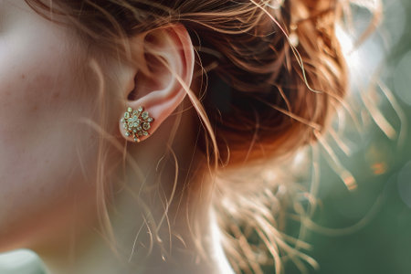 Crystal earring on a woman ear, close upの素材