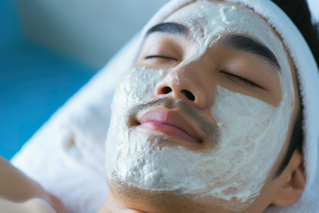 Asian man getting a facial mask treatment in spaの素材