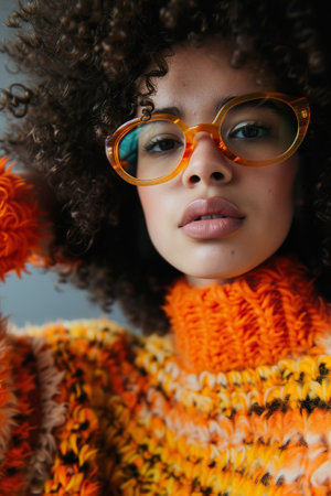 Fashionable woman with curly hair and orange glasses and sweaterの素材