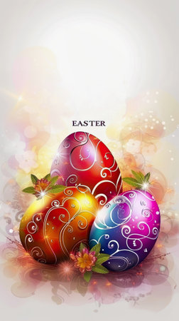 Easter celebration design with text EASTER on abstract background with Easter eggsの素材