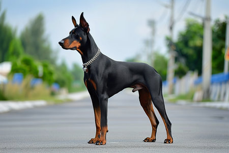 Alert Doberman Pinscher standing attentively on pathway outdoorsの素材