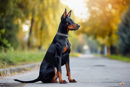 Doberman Pinscher sits attentively on a pathway in parkの素材