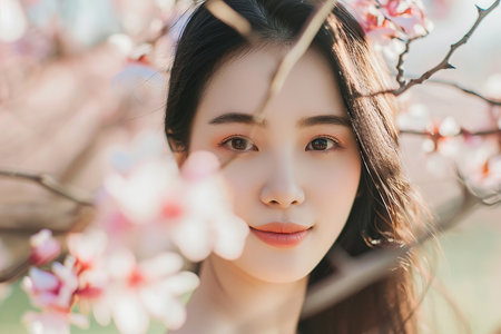 Happy young Asian woman in blooming cherry blossoms, close upの素材