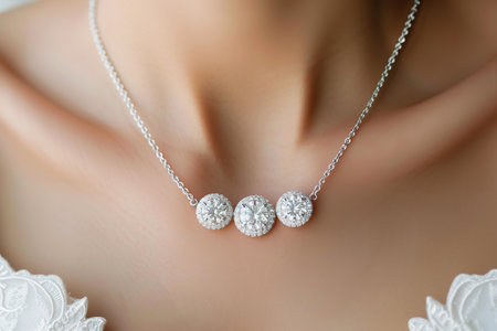 Three Stone Diamond Necklace on Young Woman. Bridal jewelryの素材