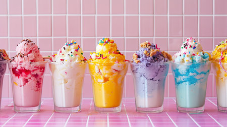 Multiple glass cups filled with vibrant, colorful ice cream scoopsの素材