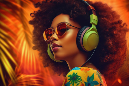 African American woman in headphones under palm treesの素材