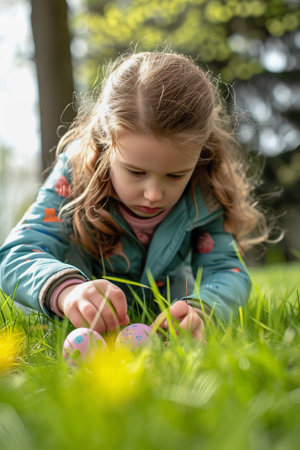 Young child collects colorful eggs in a wicker basket among spring flowersの素材