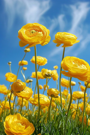 Colorful ranunculus flowers blooming under clear blue skyの素材