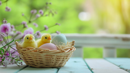 Easter background with two cute chicks standing near basket of colorful Easter eggs, copy spaceの素材