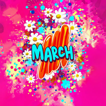 Vibrant text MARCH lettering on colorful pink floral backgroundの素材