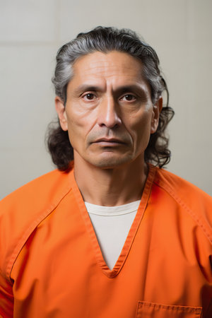 Prison mugshot of middle aged Native American male prisoner in orange jumpsuitの素材