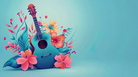 Acoustic guitar background with tropical flowers plain blue backgroundの素材