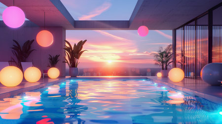 Luxurious rooftop swimming pool with vibrant glowing lights, sunset skyの素材