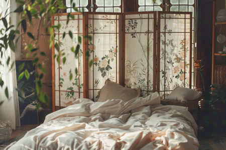 Cozy bedroom ambiance with an elegant oriental room divider in natural lightの素材