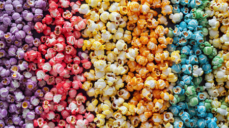 Assorted colorful popcorn varieties, multicolored pattern, top viewの素材