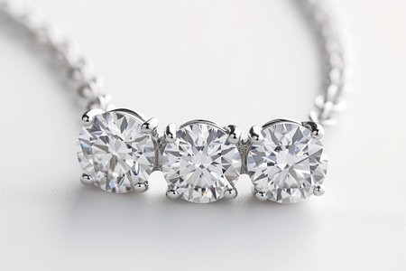 Three Stone Diamond Necklace on white background, close upの素材
