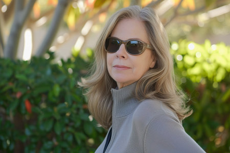 Elegant senior woman with stylish sunglasses outdoors, suburbs, casual baby boomer weekend wearの素材