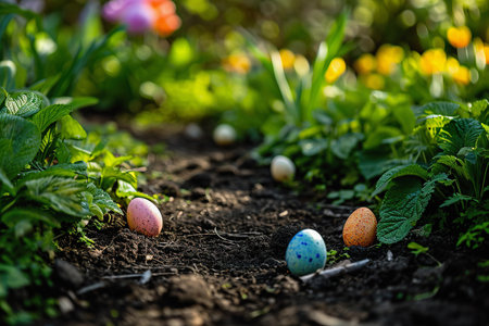 Easter egg hunt in spring garden with blooming flowers. Easter eggs in basketの素材