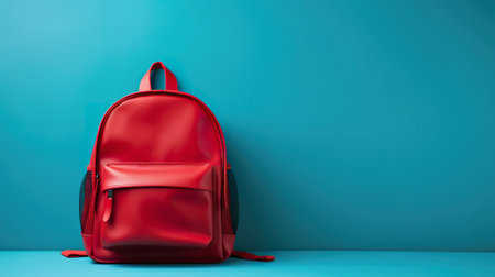 Red school backpack standing against blue background, copy spaceの素材