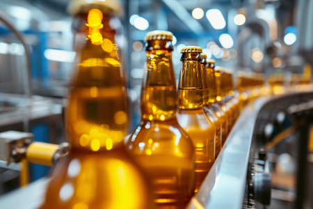 Beer bottles on conveyor belt in factoryの素材