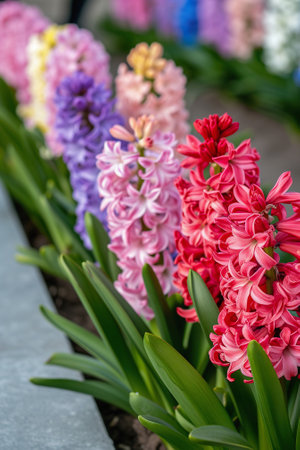 Rows of pink, purple, and blue hyacinths in lush gardenの素材