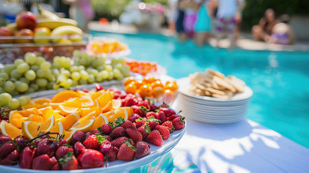 Vibrant poolside buffet setup with fresh fruits and sunny ambianceの素材