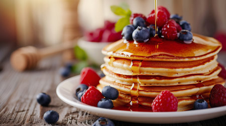 Fluffy pancakes topped with blueberries, raspberries, and a drizzle of honey or maple syrupの素材