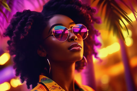 African American woman in sunglasses enjoys nightlife, summer tropical outdoorsの素材