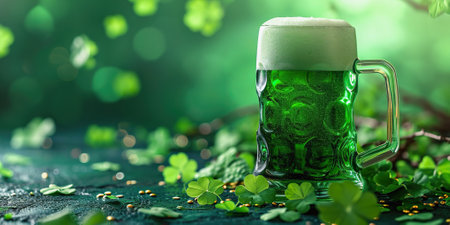 St Patrick Day banner with green beer with shamrock decorations, abstract holiday backgroundの素材