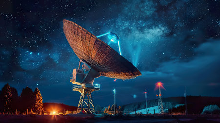 A large satellite dish transmitting signals, night sky viewの素材