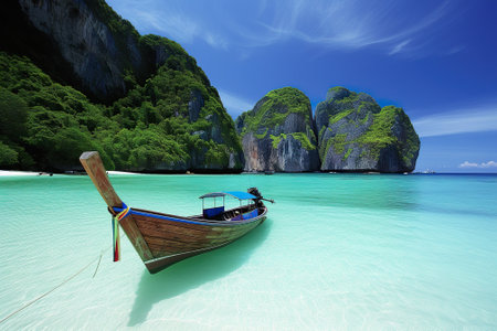 Traditional longtail boat on the crystal clear waters of Maya Bayの素材