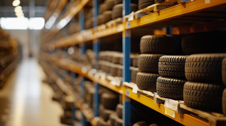 Stacked New Tires arranged in rows in Automotive Warehouse, close upの素材