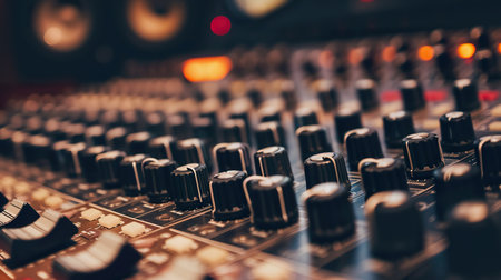 Professional audio mixing console with colorful knobs and sliders Sound mixing board in music studioの素材