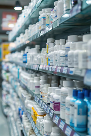 Well organized pharmacy with an assortment of medical productsの素材
