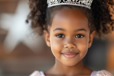 Beauty pageant contest. 5 years old black girl in tiara and beautiful dress, winnerの素材