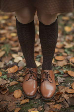 Fashionable knit tights and brown leather shoes on legs, leaves close upの素材