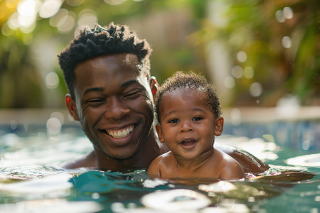 Smiling African American father holding his laughing baby in clear blue poolの素材