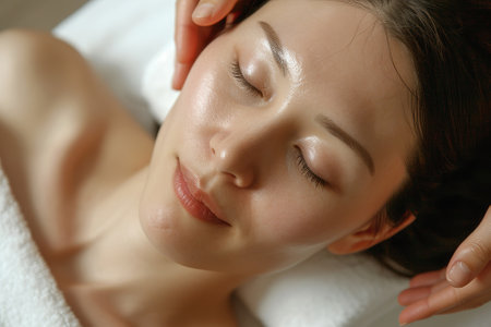 Asian woman enjoying relaxing facial massage in a spaの素材
