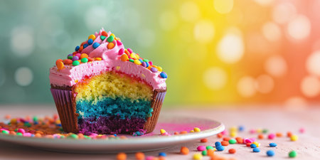 Colorful rainbow cupcake with sprinkles on a baking trayの素材