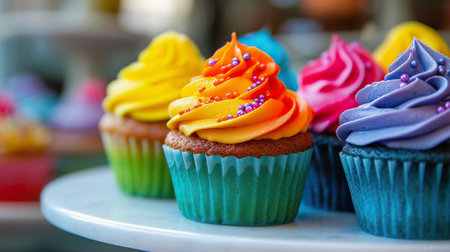 Colorful rainbow cupcakes with sprinkles on a baking trayの素材