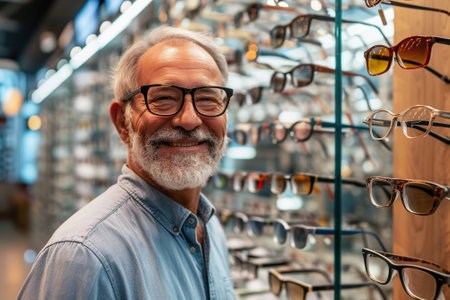 Senior Hispanic man in optical store. Customer trying on new glasses, blurred backgroundの素材