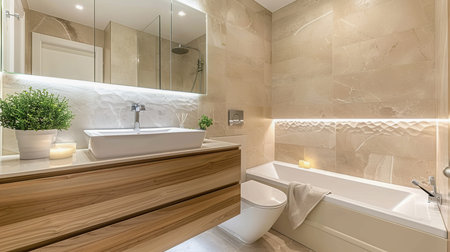 Modern bathroom interior, Italian design style, natural stone textures, solid wood bathroom cabinetの素材