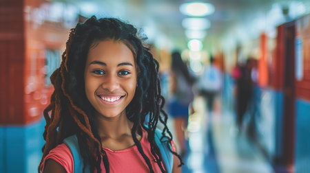 Cheerful African American teenage girl in school hallwayの素材