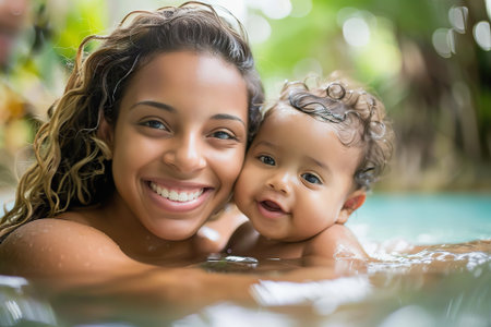 Young Hispanic mother holding her baby in clear blue poolの素材