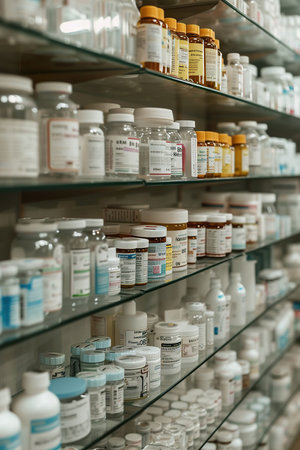 Well organized pharmacy with an assortment of medical productsの素材