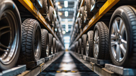 Stacked New Tires arranged in rows in Automotive Warehouse, close upの素材